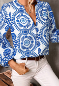 Sky Blue Vintage Geometric Printed Puff Sleeve Slit V Neck Shirt