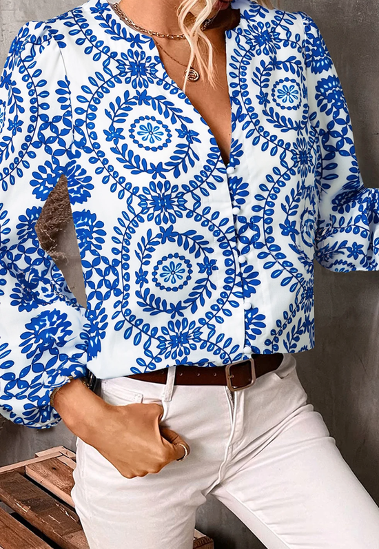 Sky Blue Vintage Geometric Printed Puff Sleeve Slit V Neck Shirt