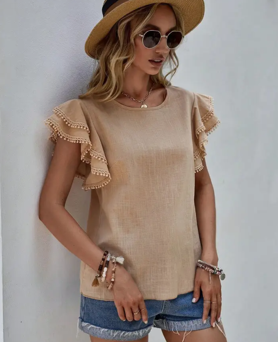 Ruffle Sleeve Pom Pom Trim Blouse