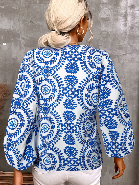Sky Blue Vintage Geometric Printed Puff Sleeve Slit V Neck Shirt