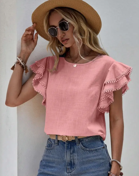 Ruffle Sleeve Pom Pom Trim Blouse