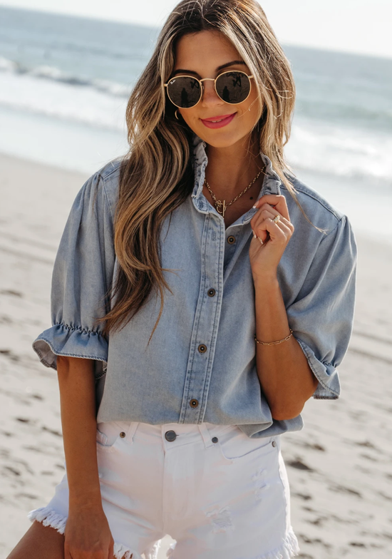 Beau Blue Ruffle Short Puff Sleeve Summer Chambray Shirt