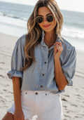 Beau Blue Ruffle Short Puff Sleeve Summer Chambray Shirt