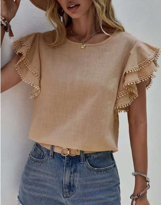Ruffle Sleeve Pom Pom Trim Blouse