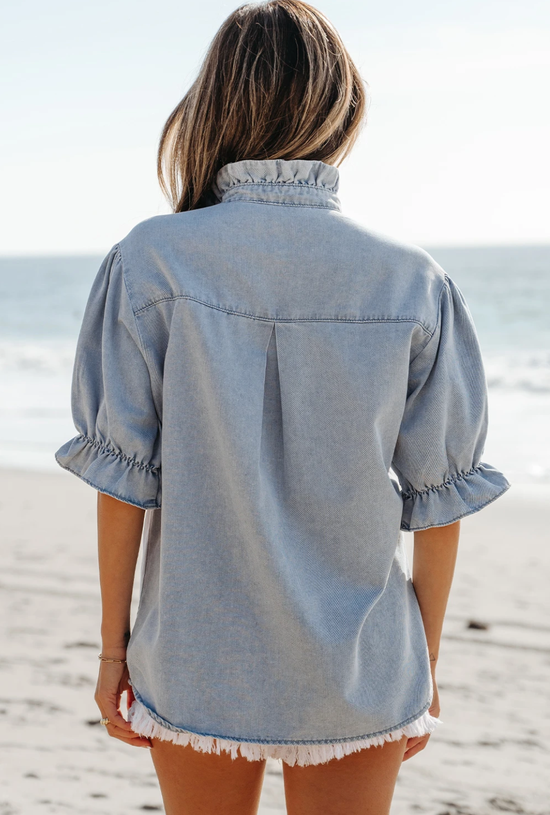 Beau Blue Ruffle Short Puff Sleeve Summer Chambray Shirt