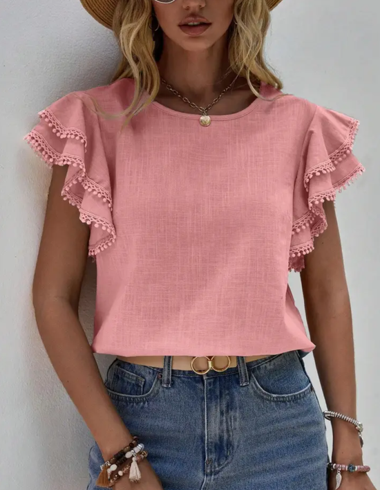 Ruffle Sleeve Pom Pom Trim Blouse