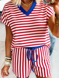 Red Stripe Colorblock Trim V Neck Tee Drawstring Elastic Waist Short Set