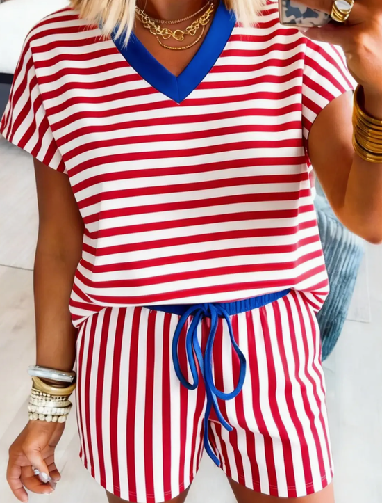 Red Stripe Colorblock Trim V Neck Tee Drawstring Elastic Waist Short Set