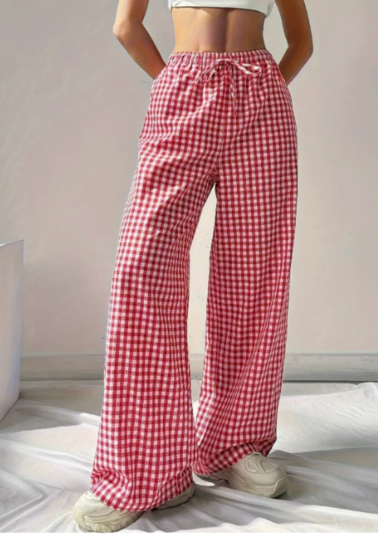 Red Gingham Wide Leg Pants