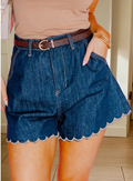 Embroidered Scalloped Trim Relaxed Denim Shorts