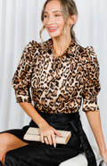 Leopard Print Collared Puff Sleeve Satin Blouse