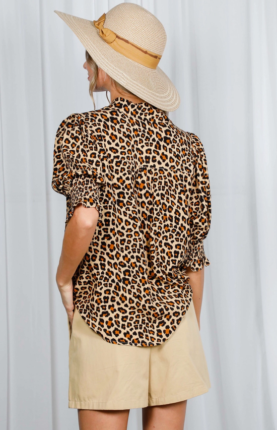 Leopard Print Puff Sleeve Blouse Top
