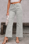 Leopard Frayed Wide Leg High Waist Jeans - Gray