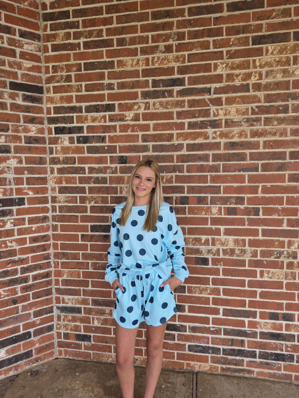 Polka Dot Pullover & Drawstring Short Set - Blue