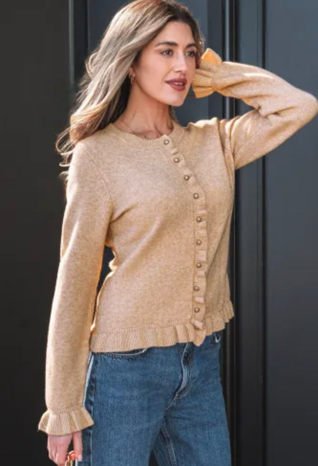 Oatmeal Ruffle Trim Button Sweater Cardigan