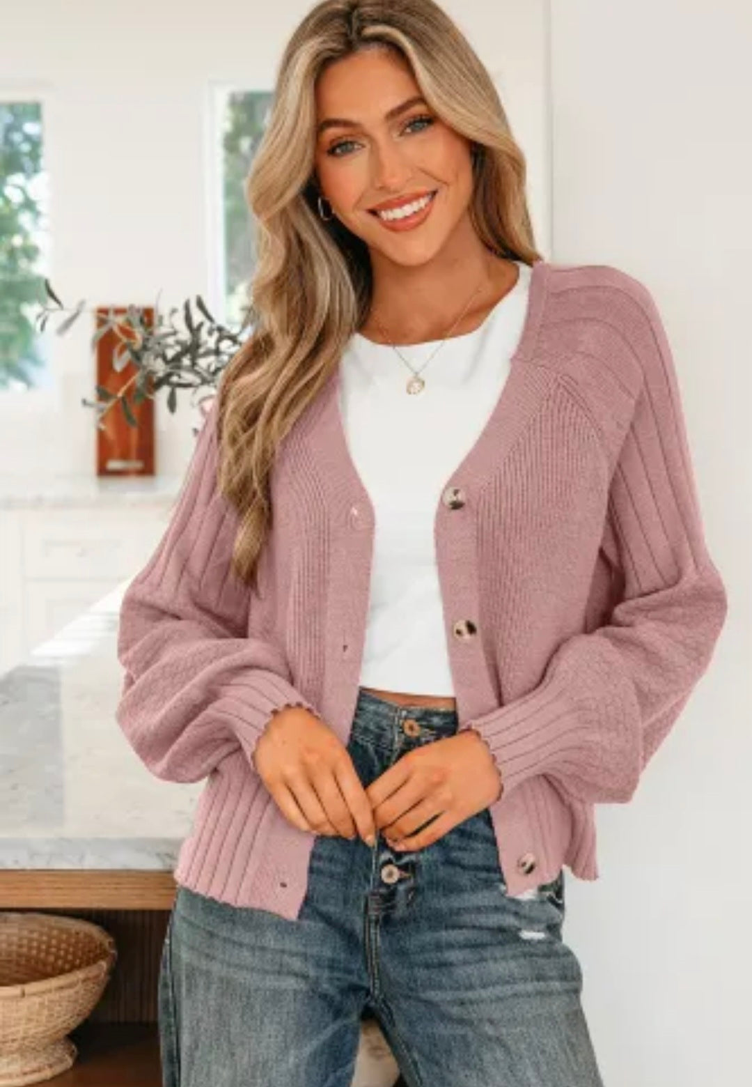 Light Pink Knit Button V Neck Sweater