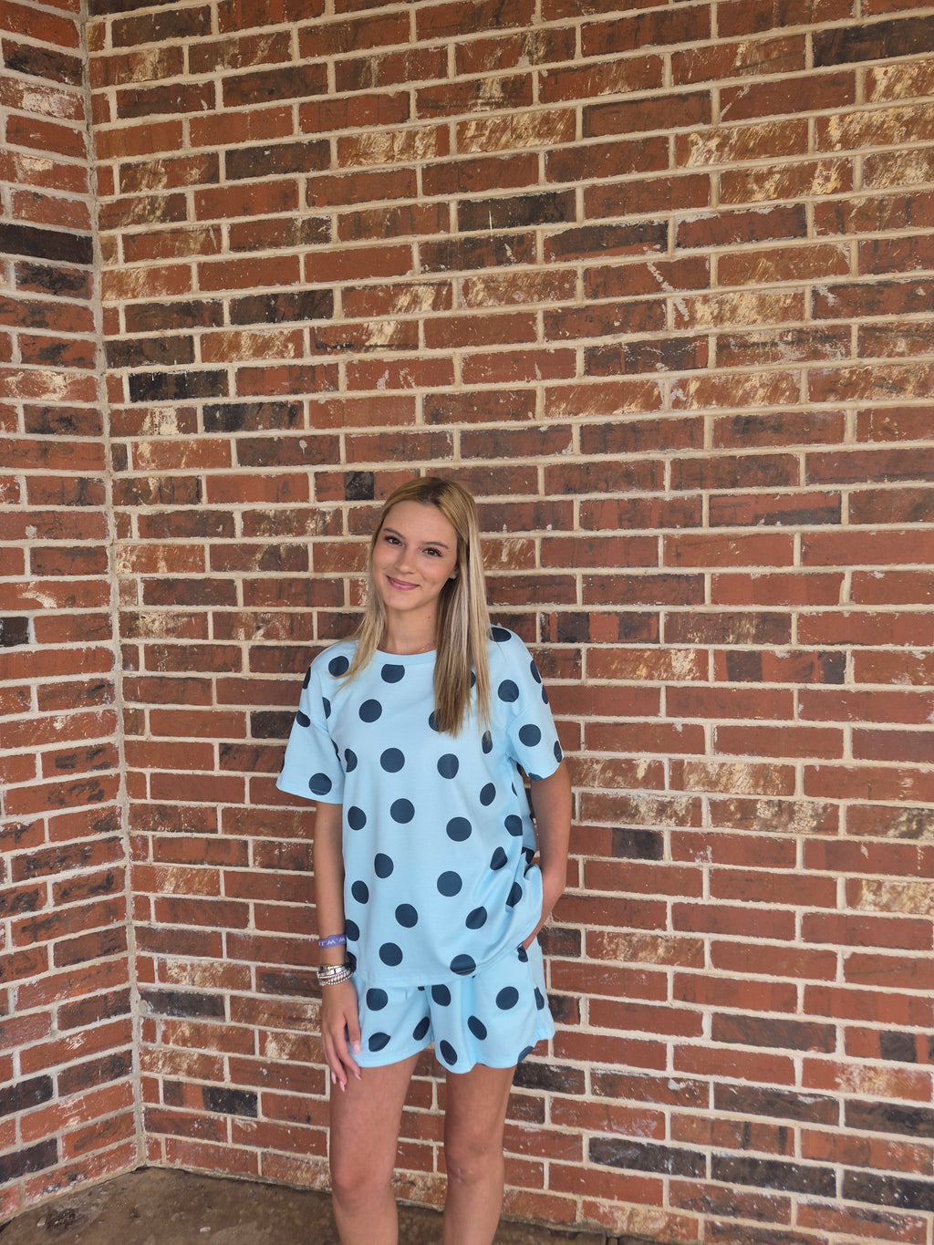 Polka Dot Loose Tee & Drawstring Short Set - Blue