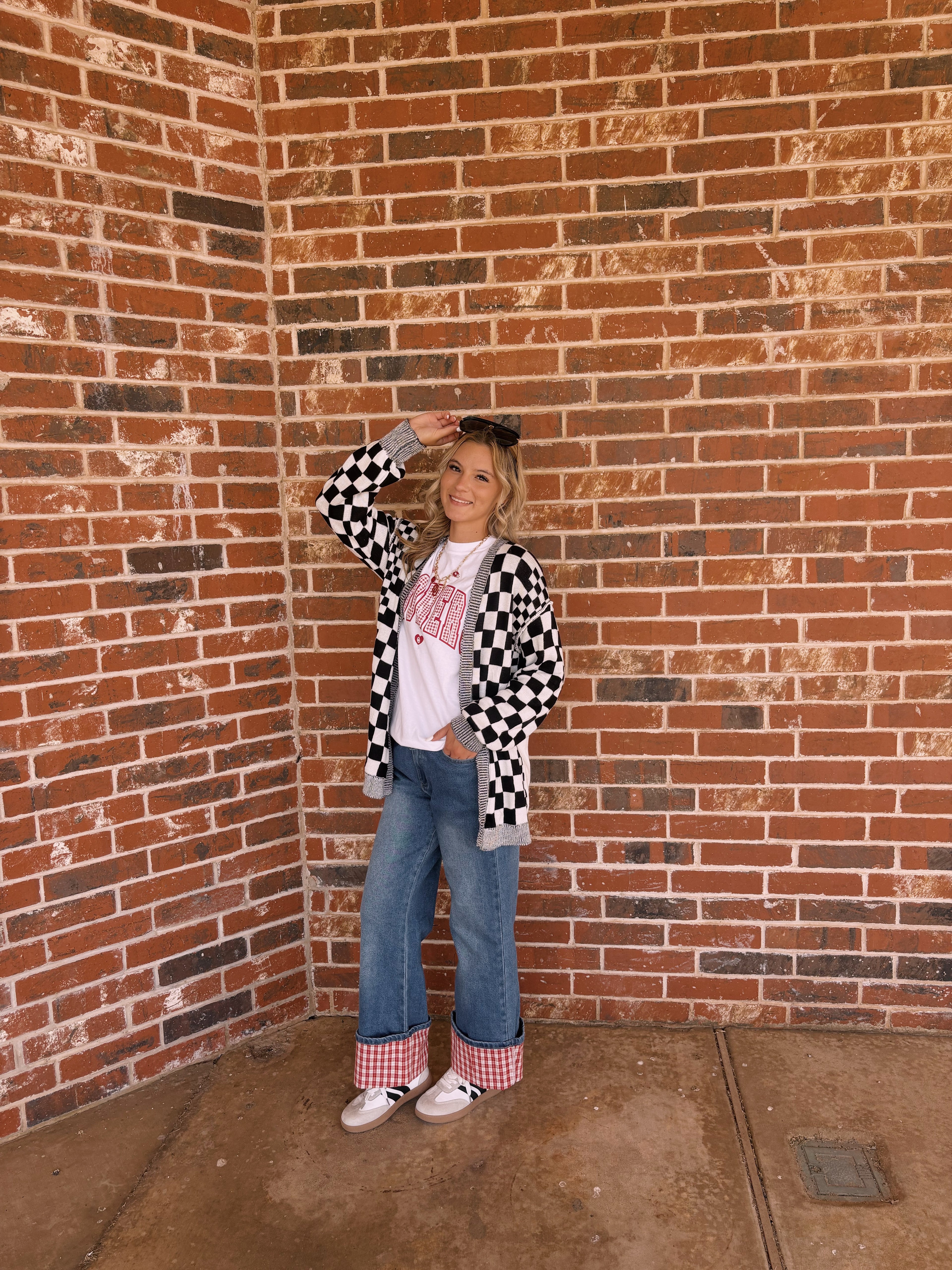 Black Checkered Open Front Shoulder Cardigan