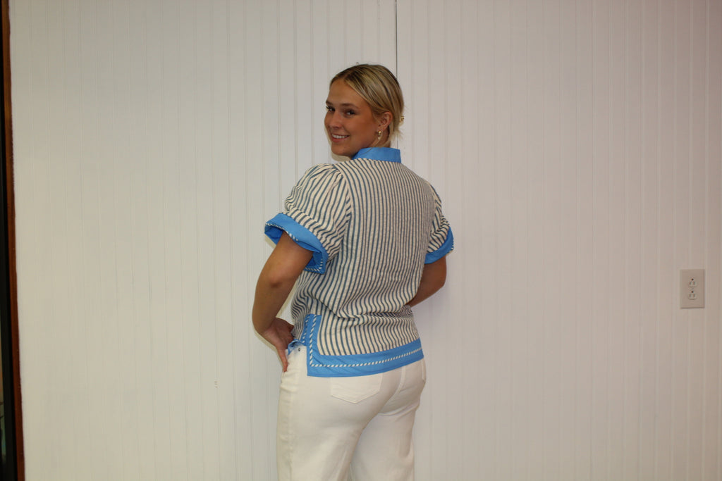 Blue Stripe Color Block V Neck Blouse