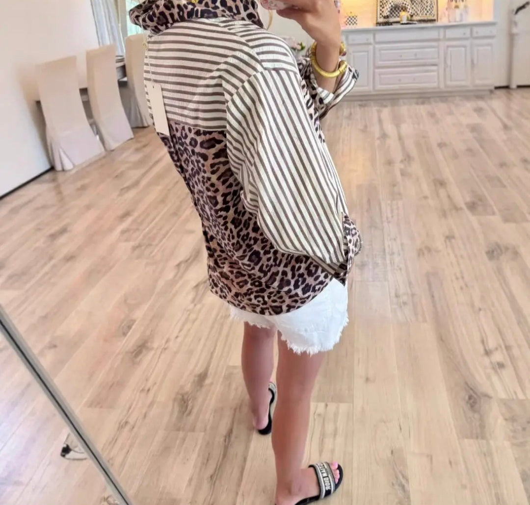 Striped Leopard print Patchwork Blouse