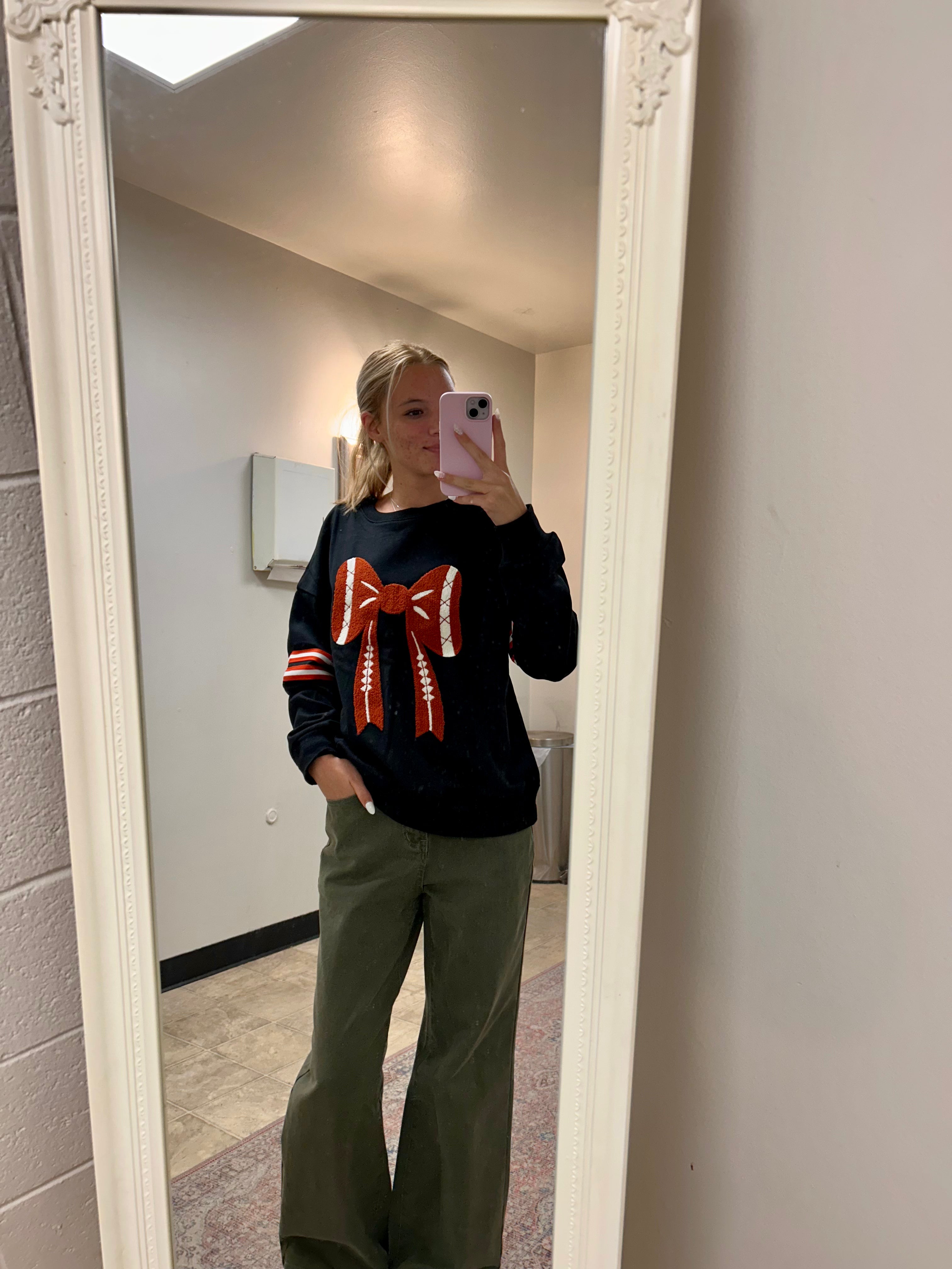 Football Bow Striped Sleeve Sweatshirt
