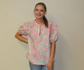 Pink Tie V Neck Floral Puff Sleeve Blouse