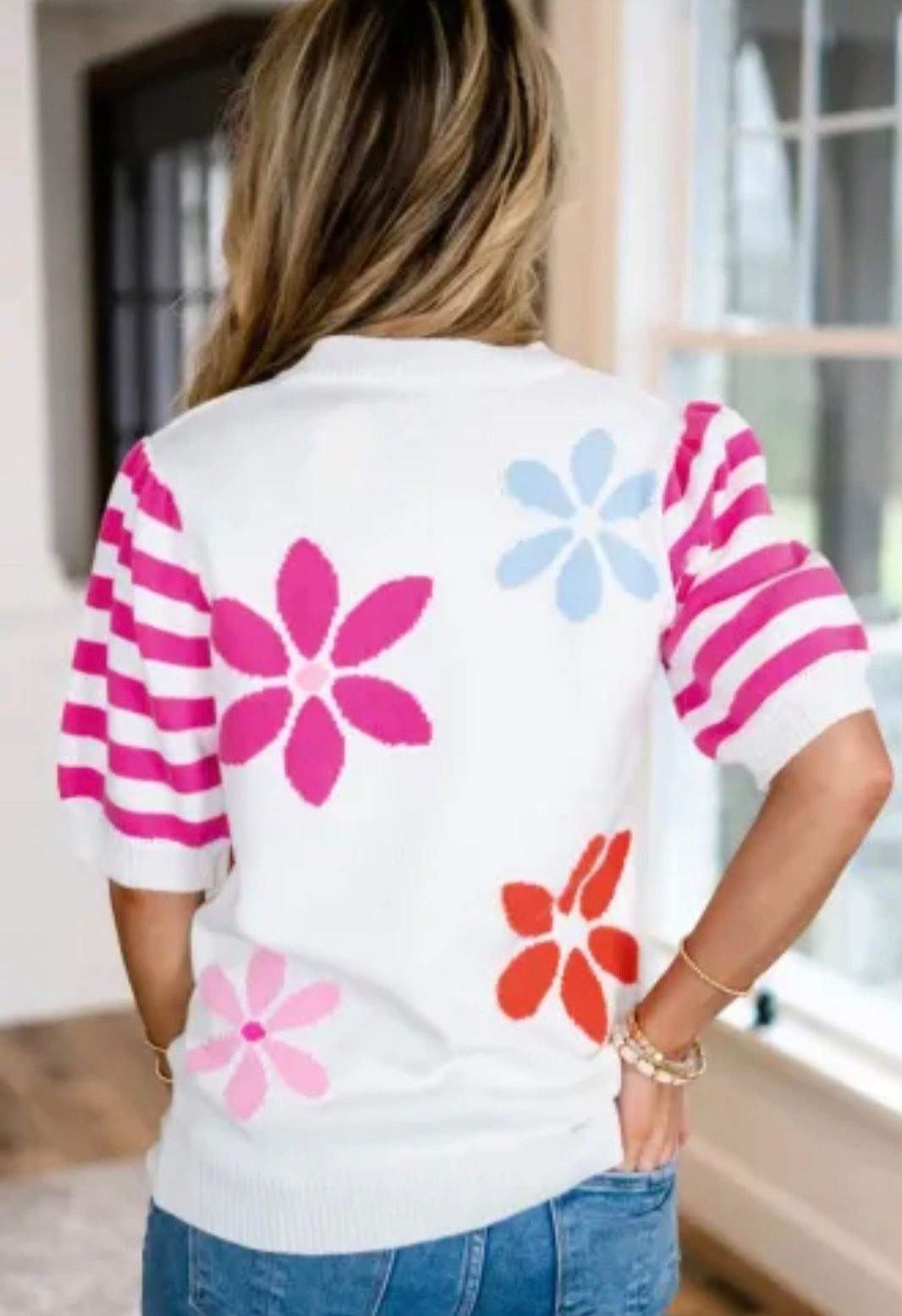 Floral Pattern Striped Sleeve Sweater