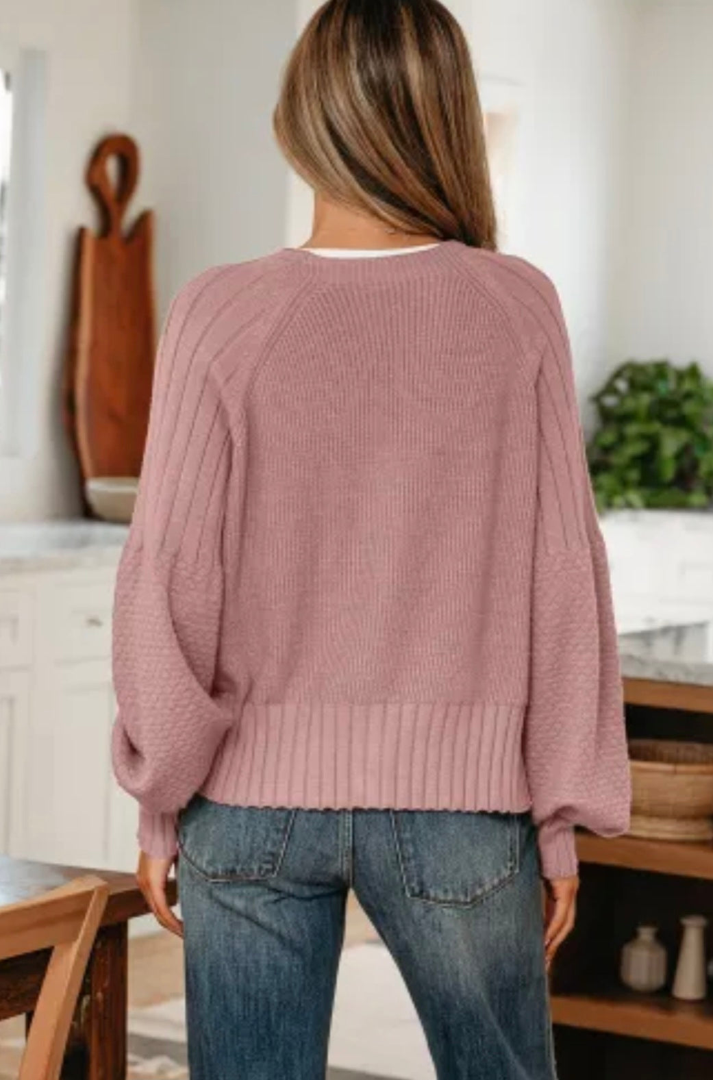 Light Pink Knit Button V Neck Sweater