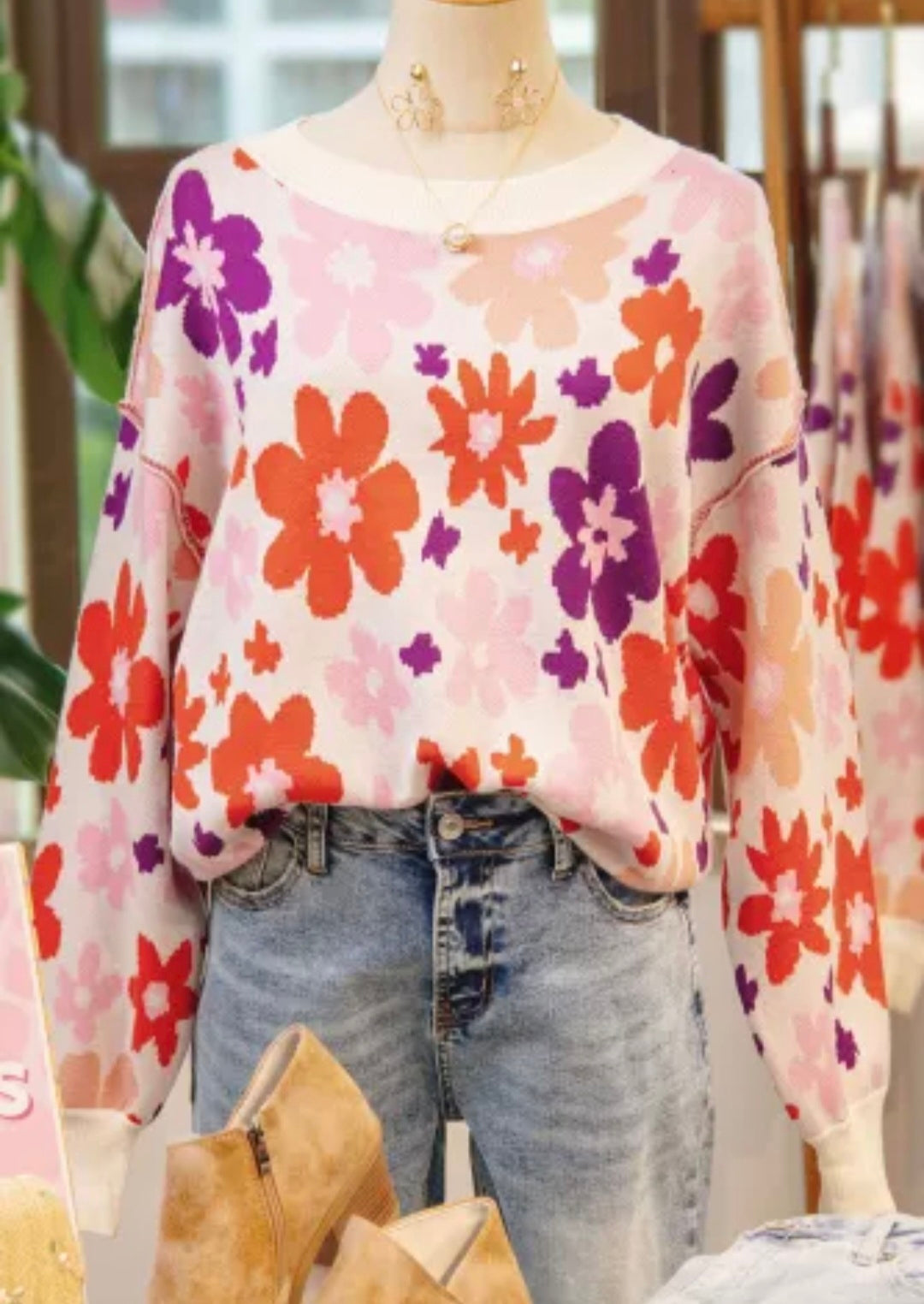 Khaki Fall Floral Pattern Drop Shoulder Sweater