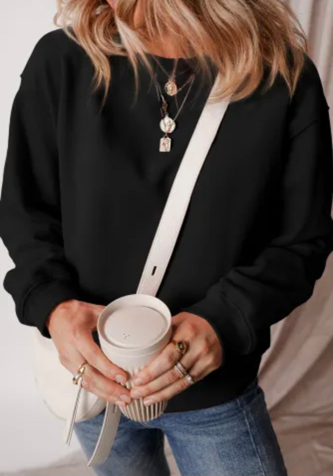Black Fleece Lined Drop Shoulder Sweatshirt