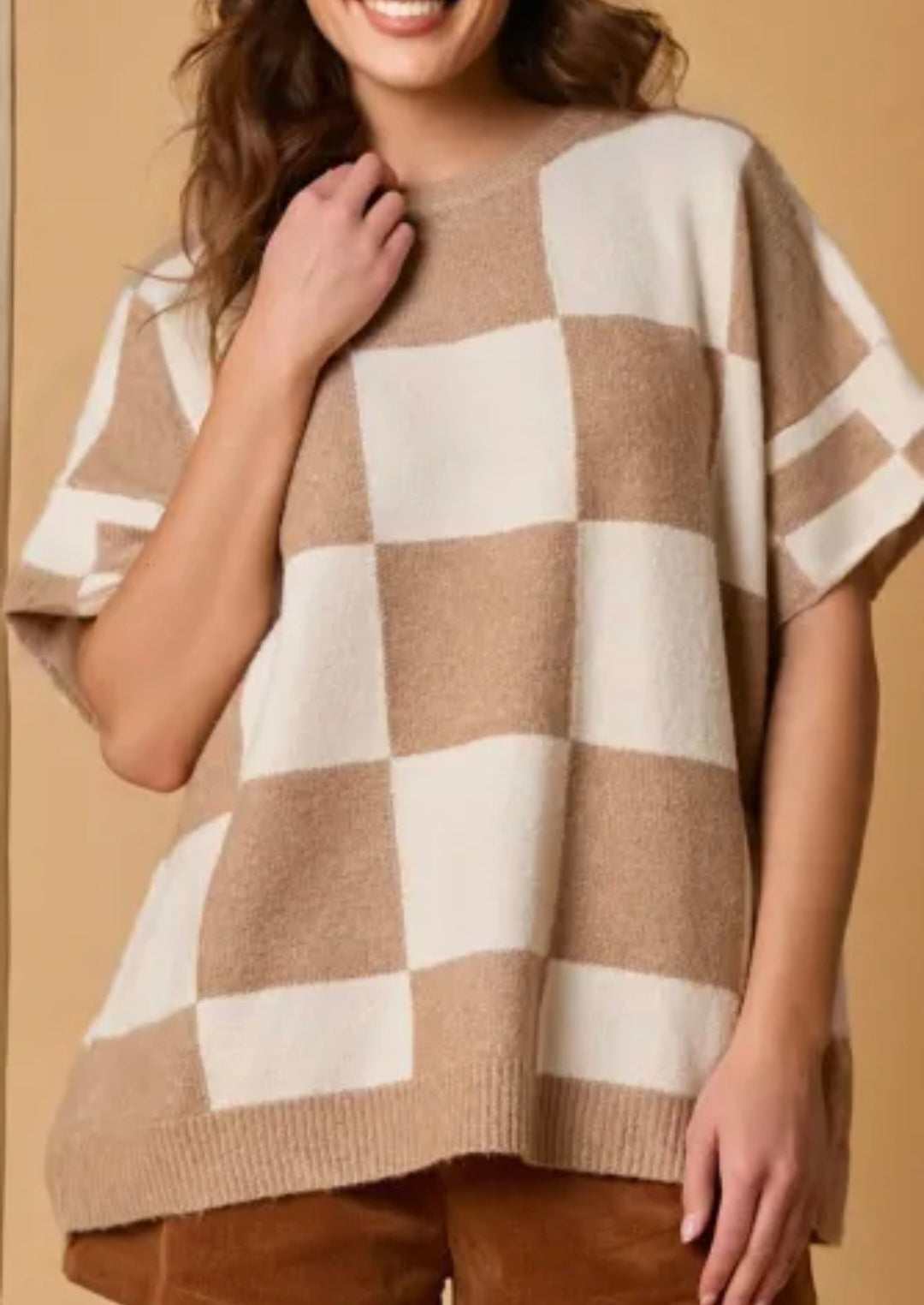 Checkered Loose Fit S/S Sweater- Beige