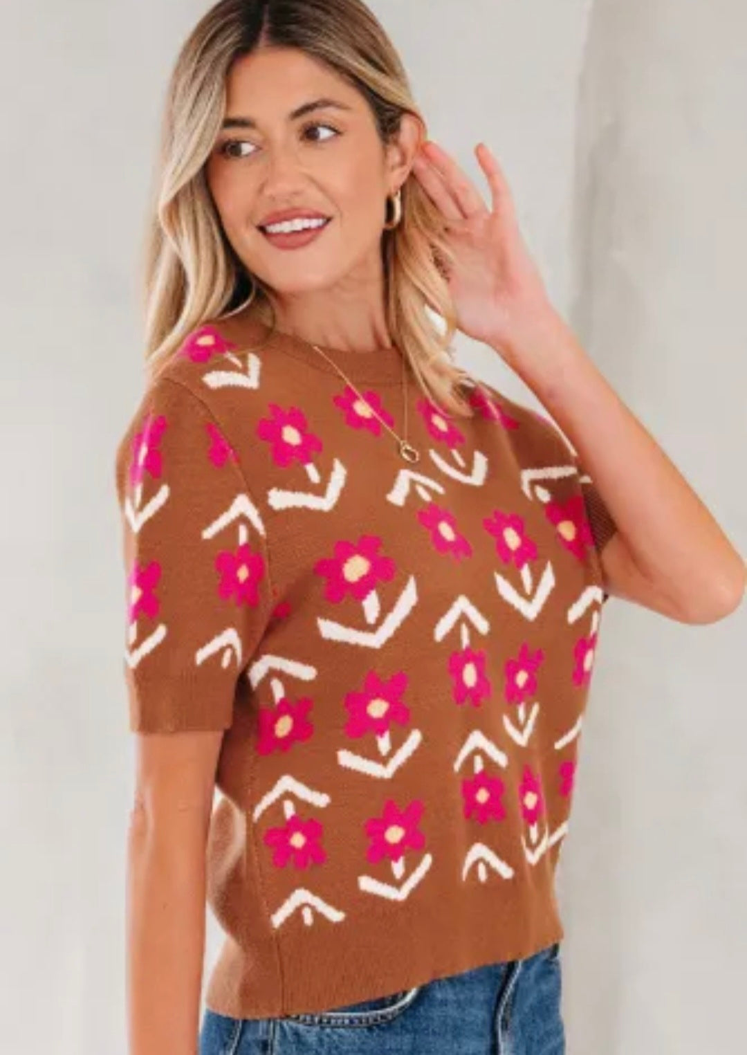 Floral Short Puff Sleeve Sweater - Brown