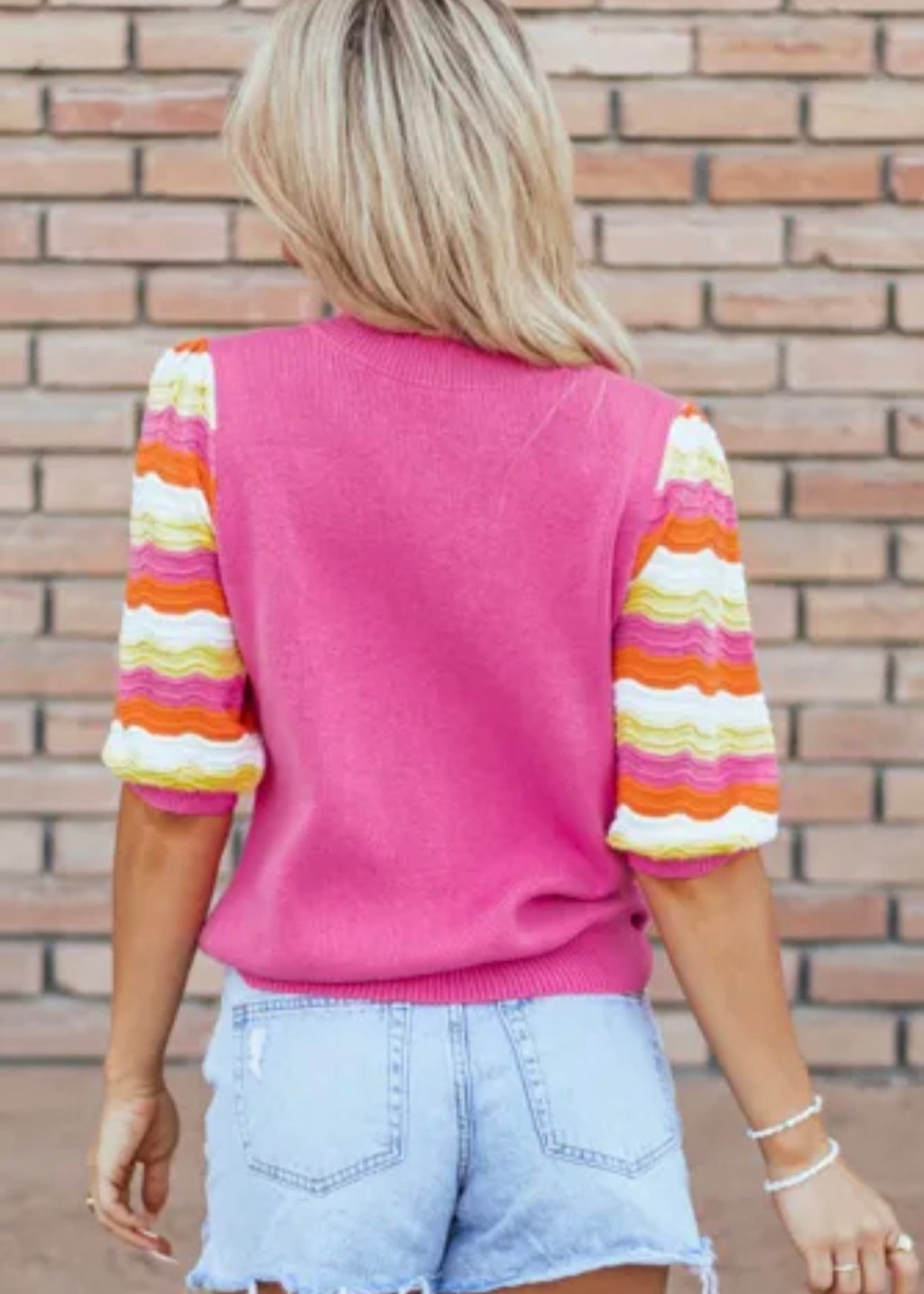 Knit Contrast Sleeve Sweater- Pink