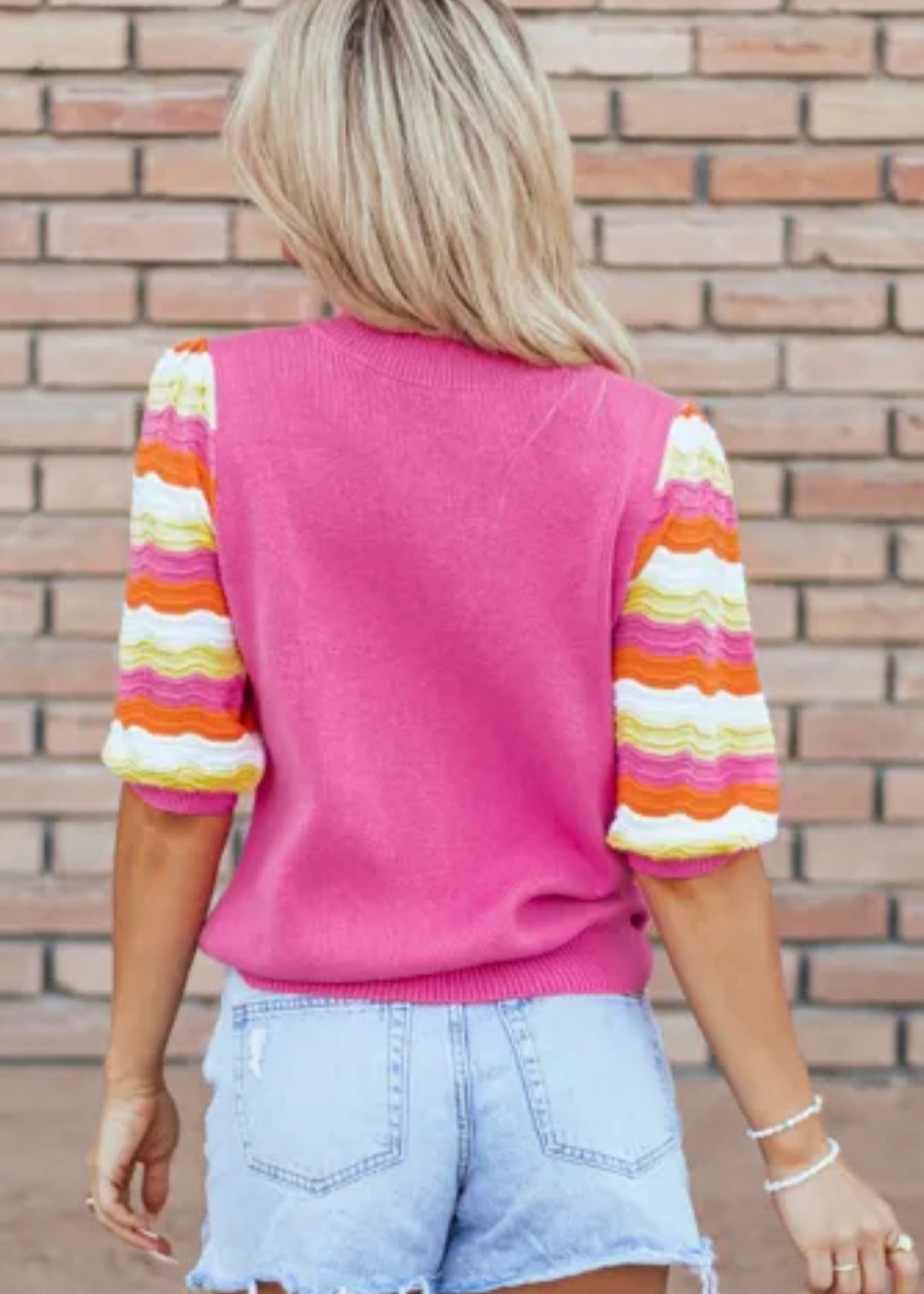 Knit Contrast Sleeve Sweater- Pink