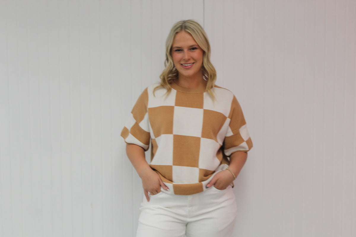 Checkered Loose Fit S/S Sweater- Beige