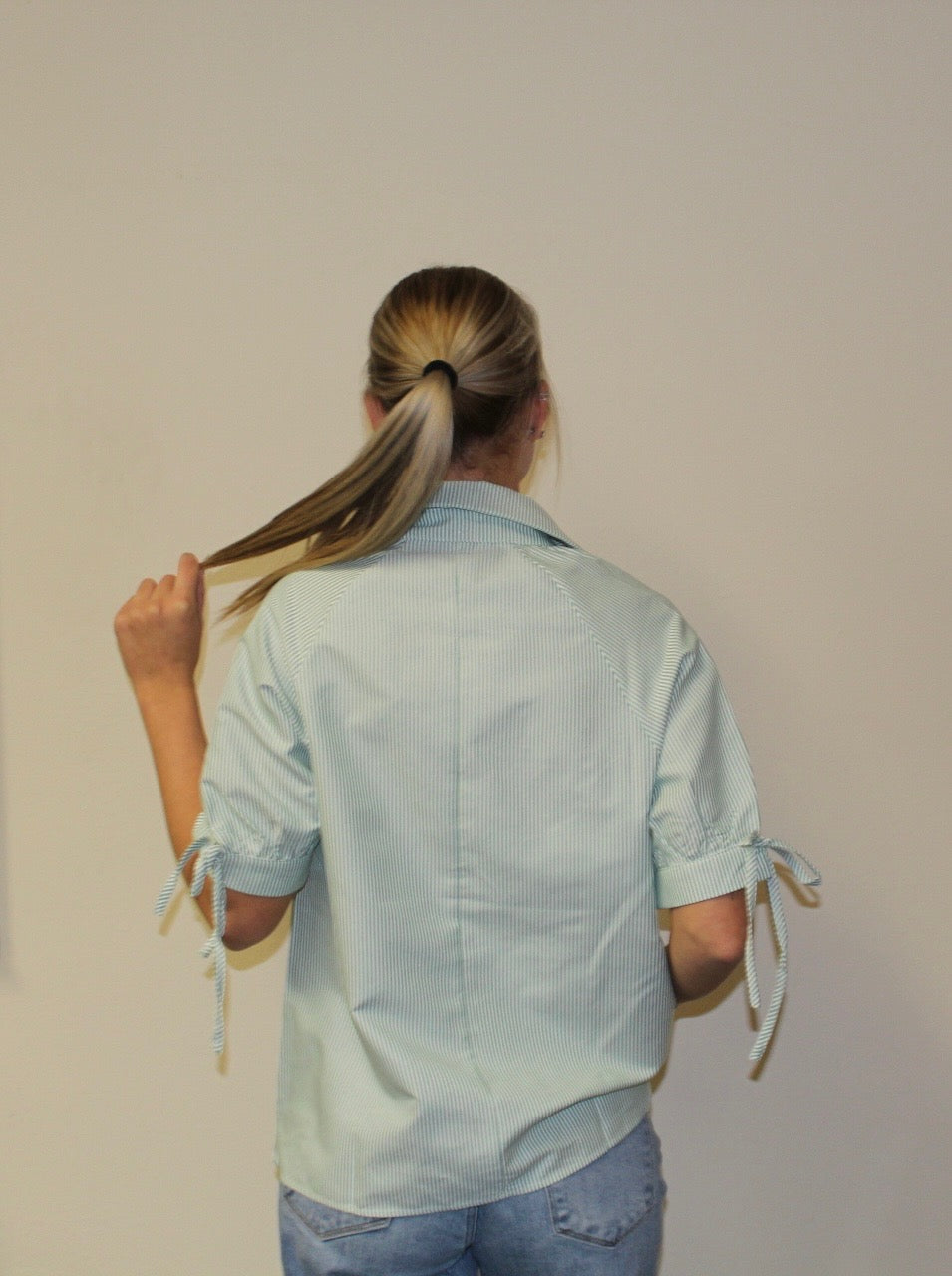 Mint Green Striped Half Sleeve Blouse