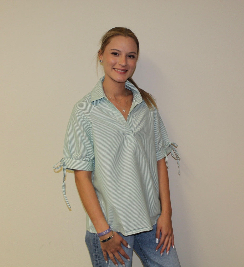 Mint Green Striped Half Sleeve Blouse