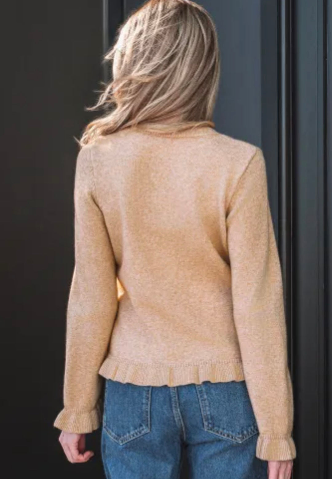 Oatmeal Ruffle Trim Button Sweater Cardigan