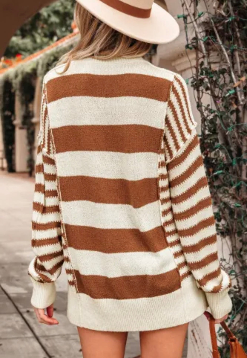 Brown Stripe Sleeve Patchwork Baggy Sweater