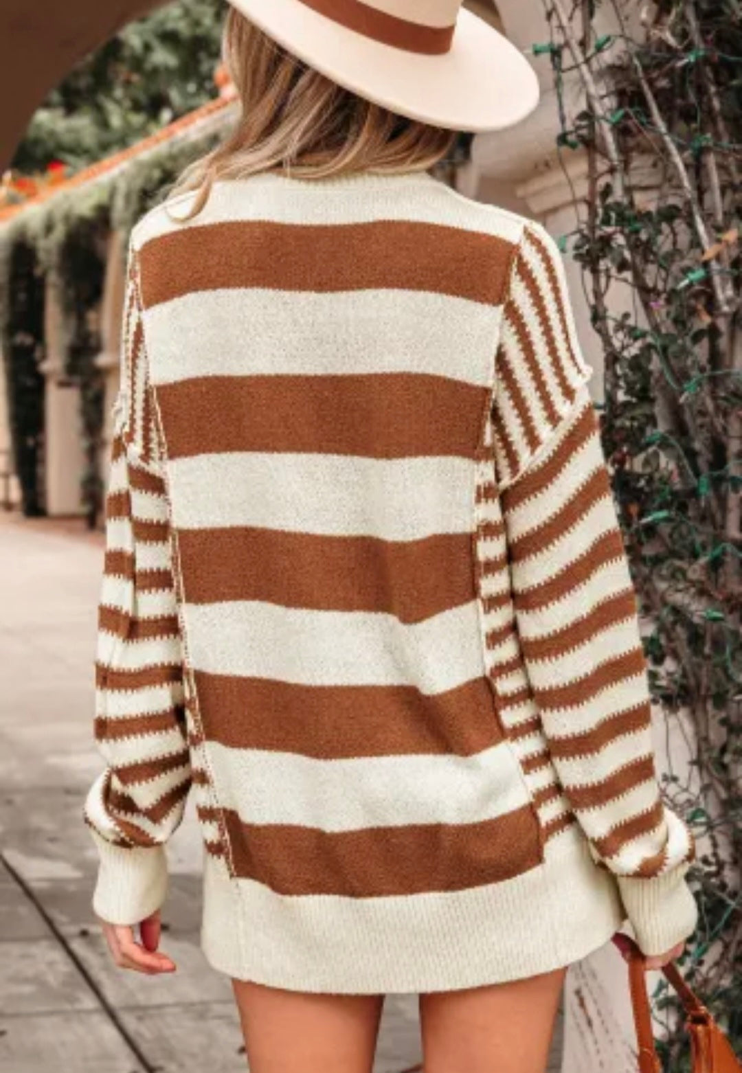 Brown Stripe Sleeve Patchwork Baggy Sweater