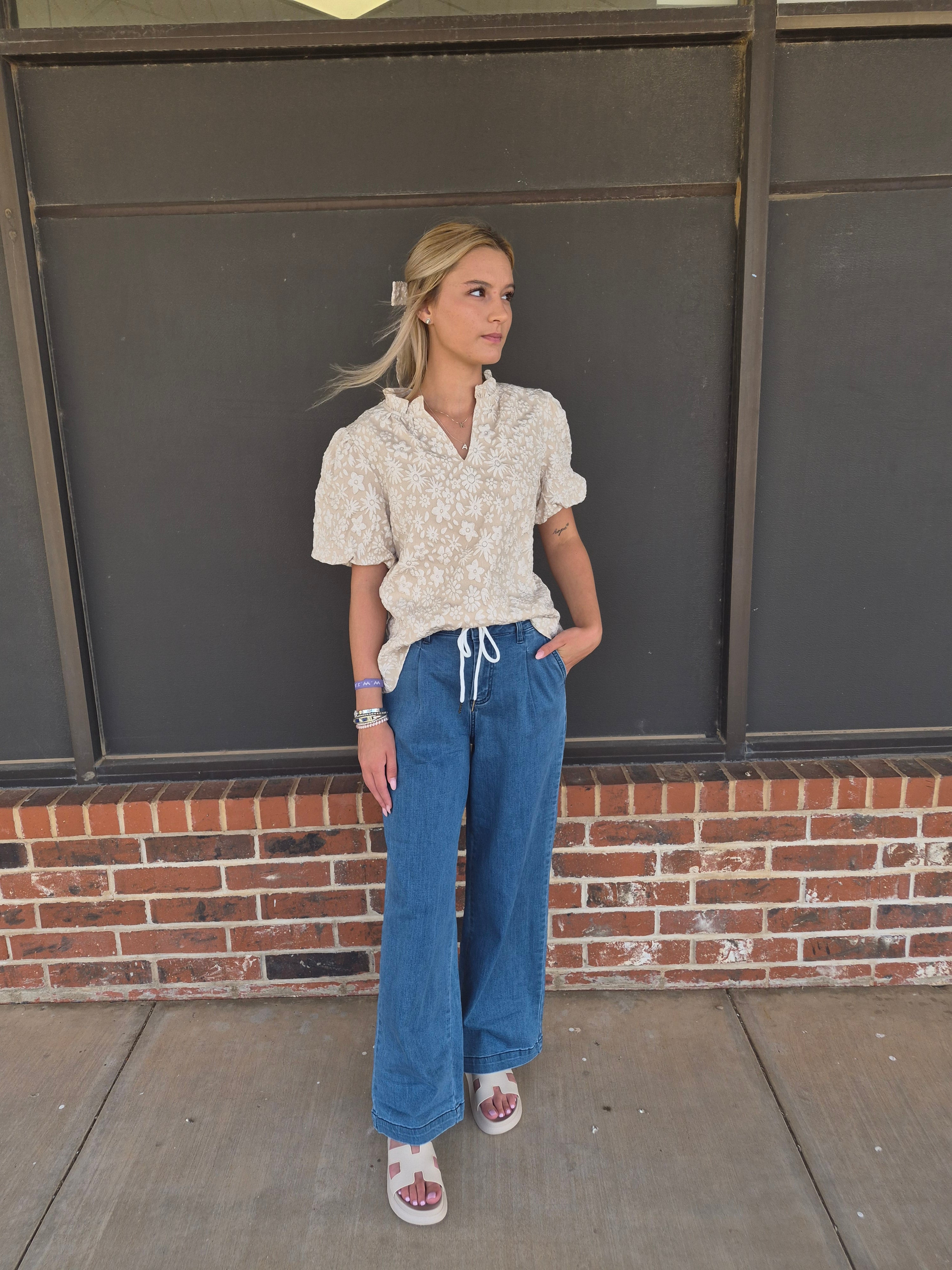 Beige Floral Jacquard Puff Sleeve Blouse