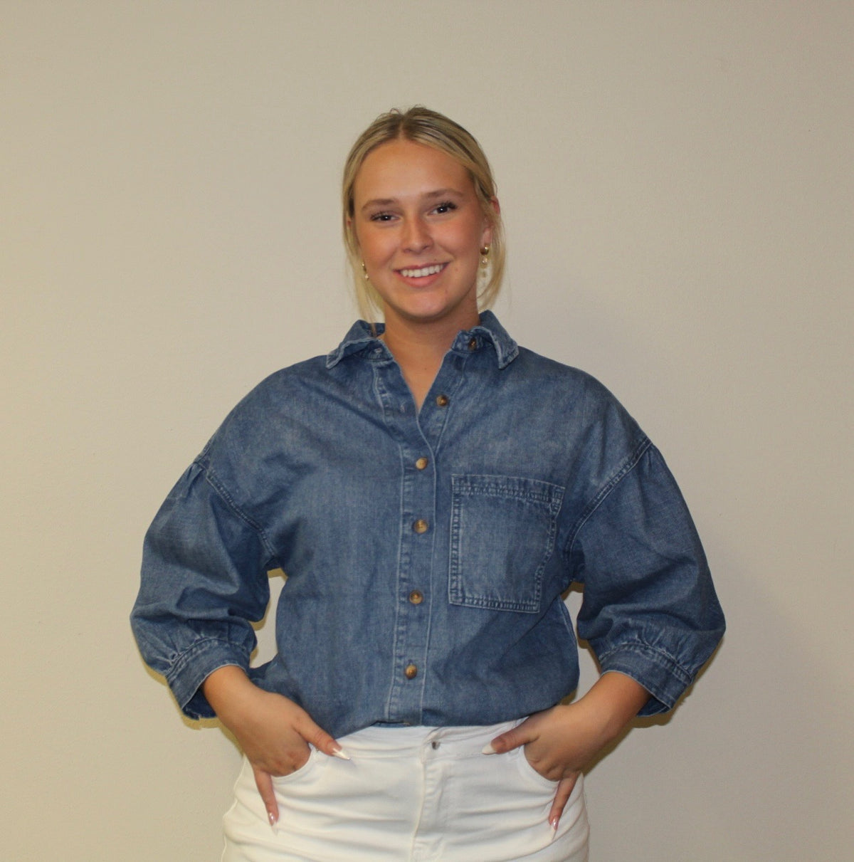 3/4 Sleeve Button Front Loose Denim Shirt