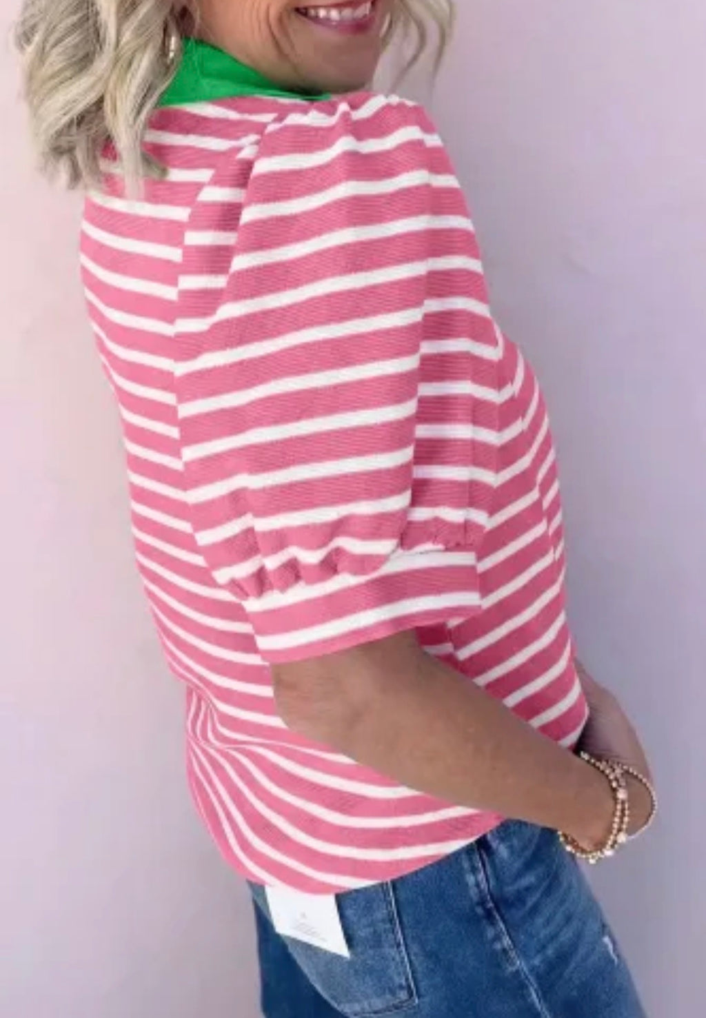 Short Puff Sleeve Blouse Pink Stripe