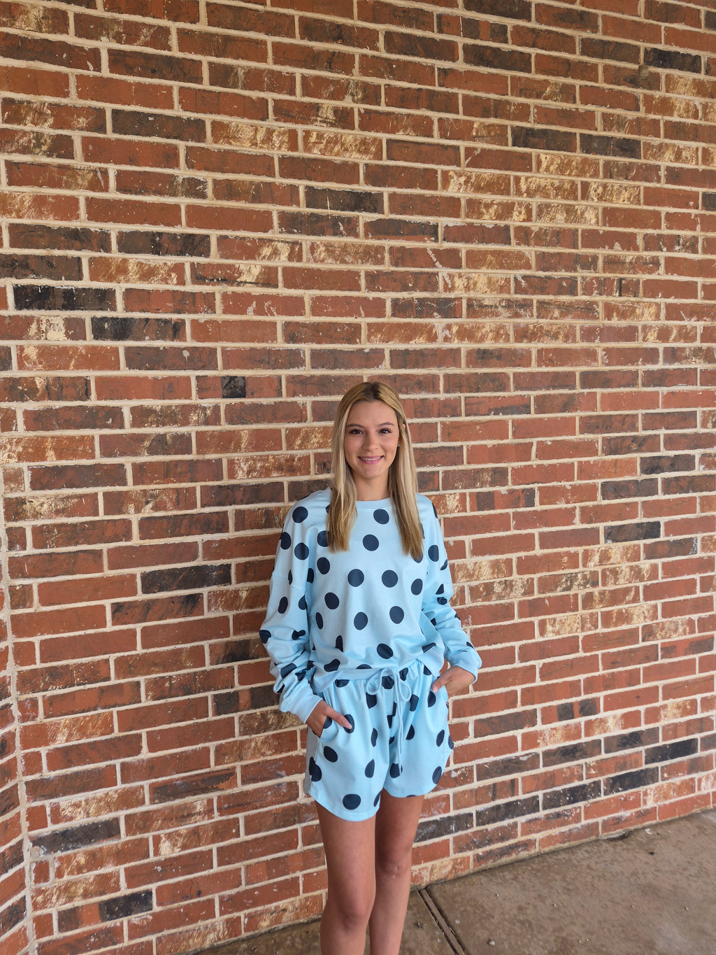 Polka Dot Pullover & Drawstring Short Set - Blue