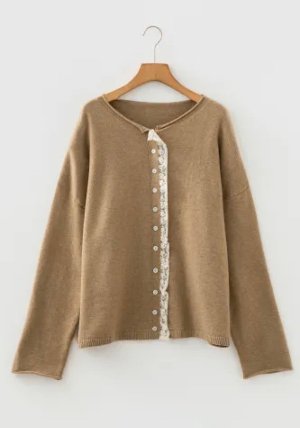 Simply Taupe Frilled Lace Trim Loose Cardigan