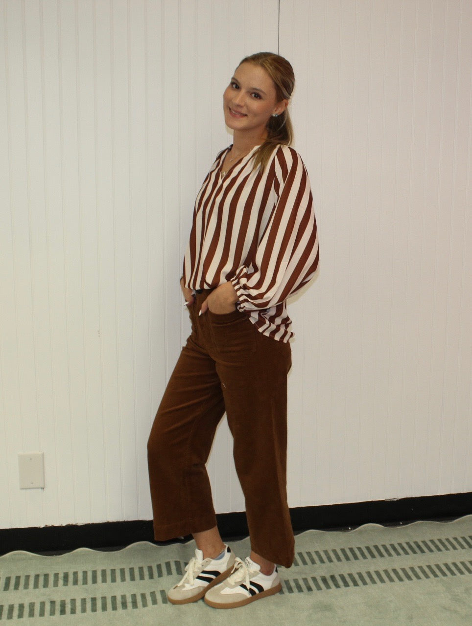 Brown Striped V Neck Bubble Sleeve Blouse
