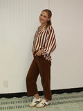 Brown Striped V Neck Bubble Sleeve Blouse