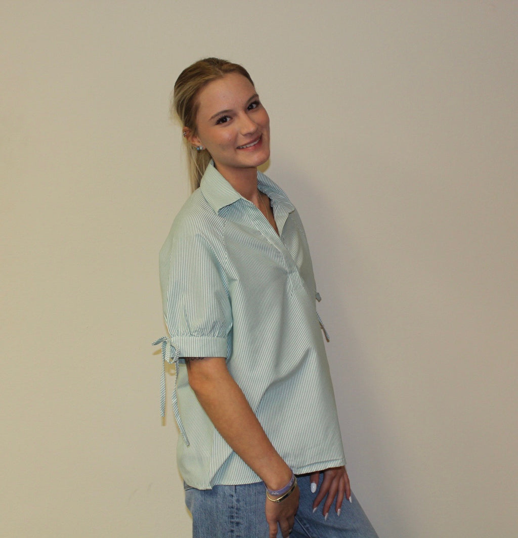 Mint Green Striped Half Sleeve Blouse
