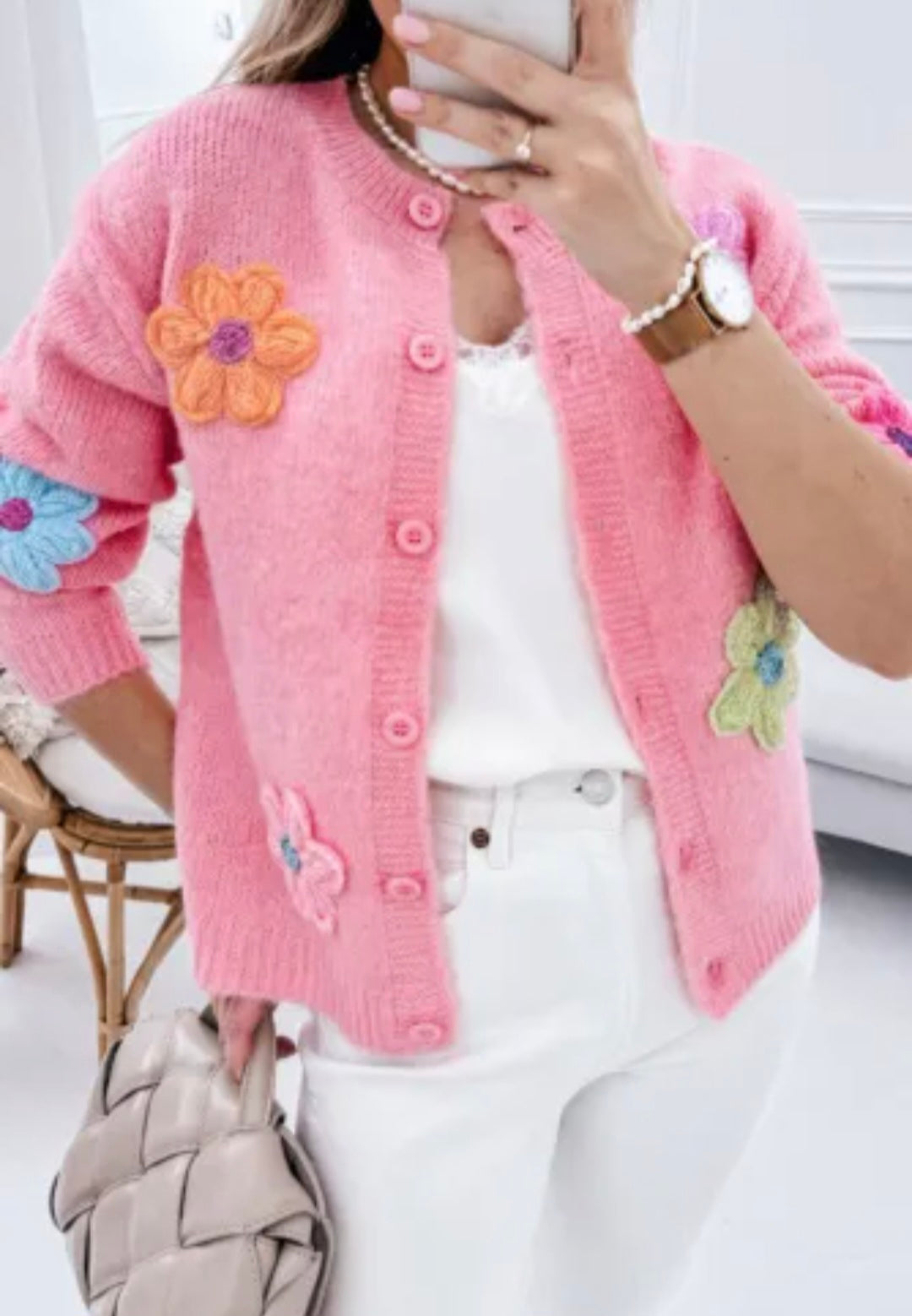 Pink Cute Knitted Floral Button Up Cardigan