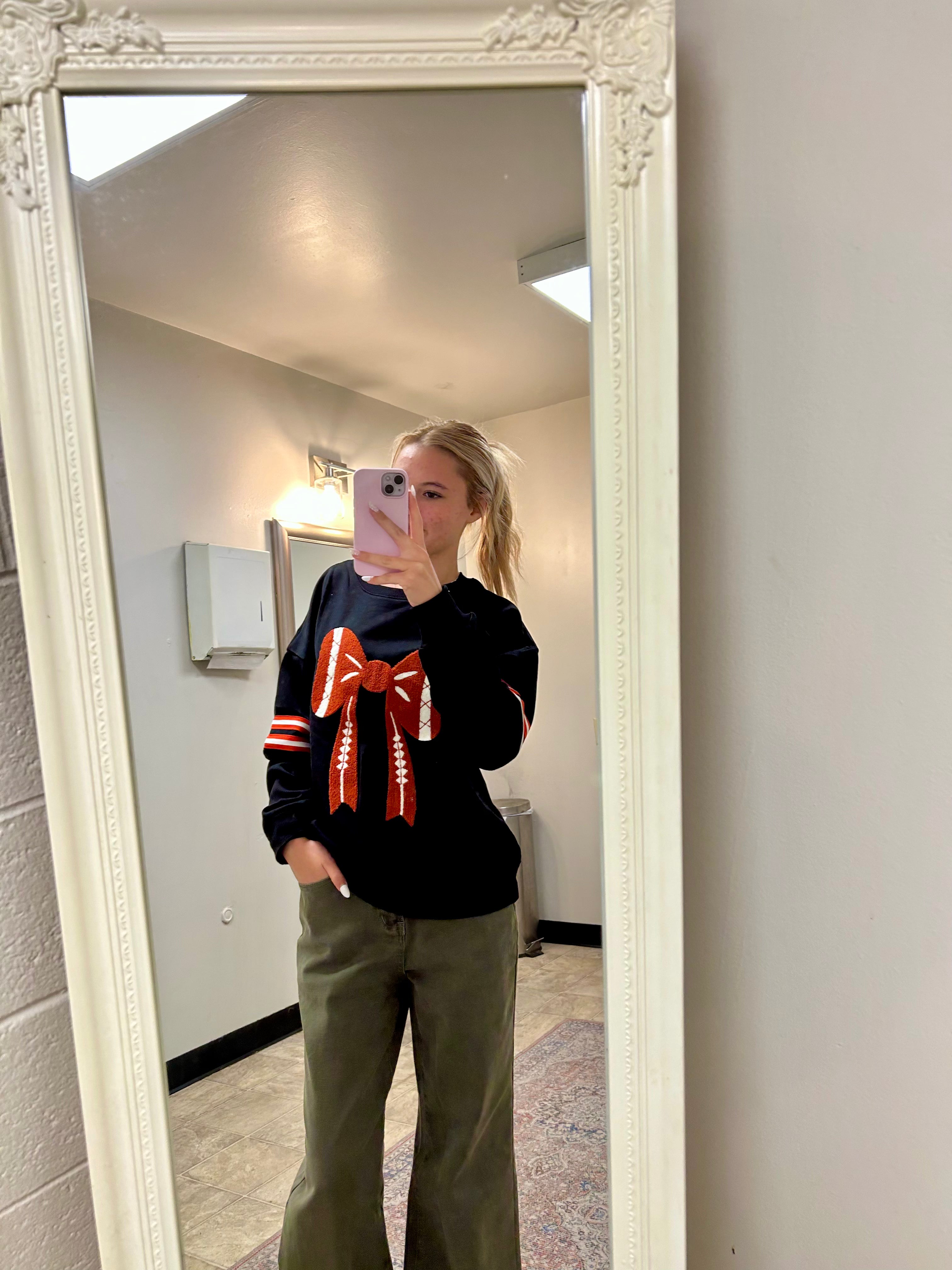 Football Bow Striped Sleeve Sweatshirt
